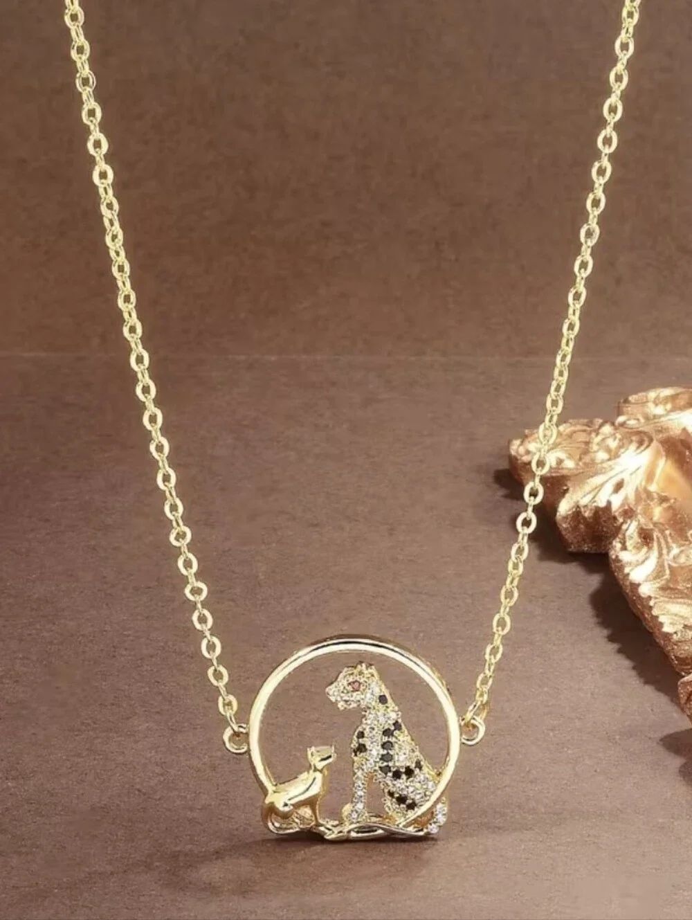 Gold Stainless Steel Mother Leopard & Baby Diamond Necklace